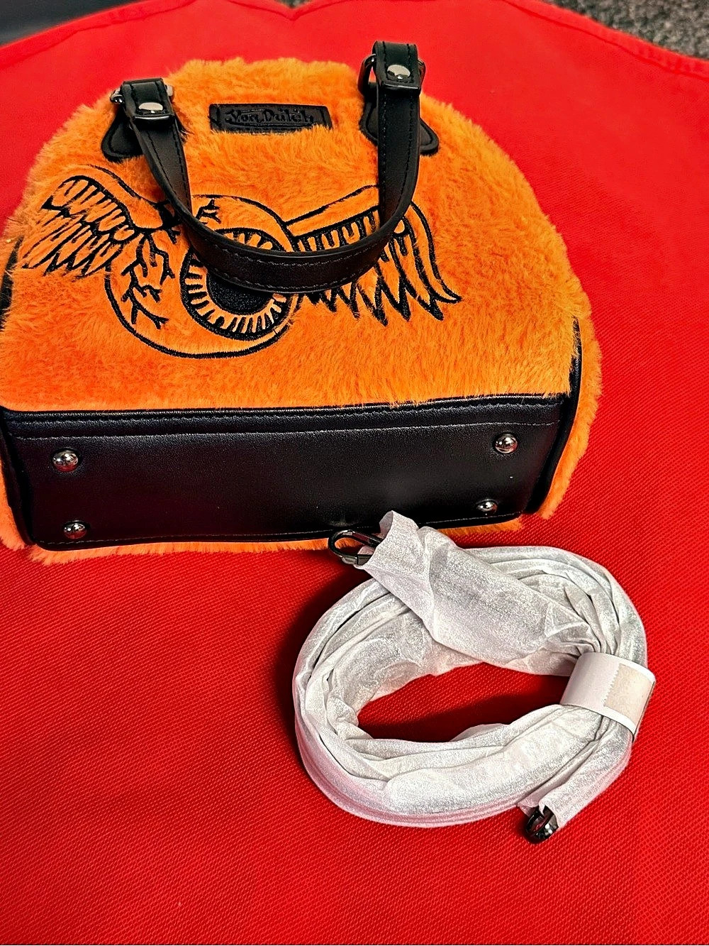 Von Dutch Faux Fur Bowling Bag Orange & Black
